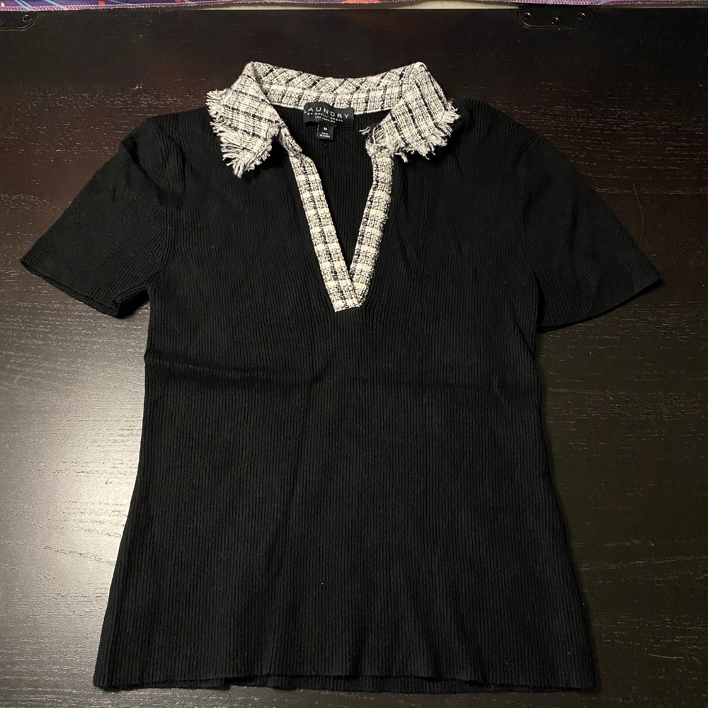 Laundry By Shelli Segal Black Top with Black-and-White Tweed Collar